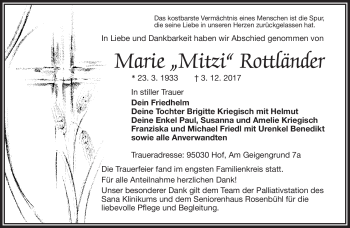 Traueranzeige von Marie Rottländer von Frankenpost