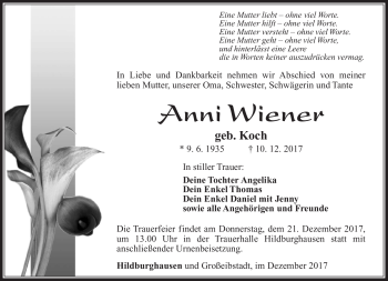 Traueranzeige von Anni Wiener von Südthüringer Presse
