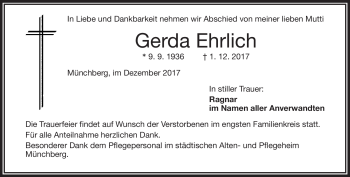 Traueranzeige von Gerda Ehrlich von Frankenpost