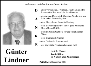 Traueranzeige von Günter Lindner von Südthüringer Presse