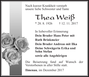 Traueranzeige von Thea Weiß von Südthüringer Presse