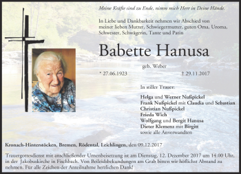 Traueranzeige von Babette Hanus von Neue Presse Coburg