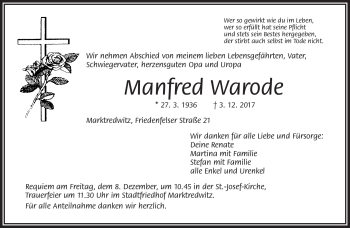Traueranzeige von Manfred Warode von Frankenpost