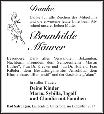 Traueranzeige von Brunhilde Mäurer von Südthüringer Presse