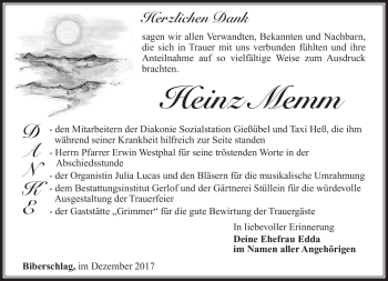 Traueranzeige von Heinz Memm von Südthüringer Presse