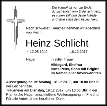 Traueranzeige von Heinz Schlicht von Frankenpost