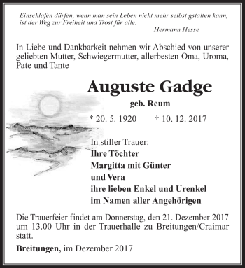 Traueranzeige von Auguste Gadge von Südthüringer Presse