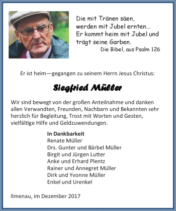 Traueranzeige von Siegfried Müller von Südthüringer Presse