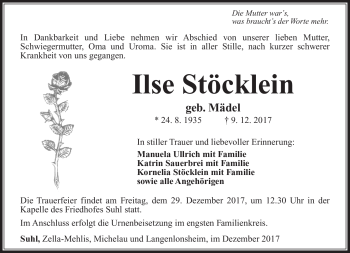 Traueranzeige von Ilse Stöcklein von Südthüringer Presse
