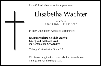 Traueranzeige von Elisabetha Wachter von Neue Presse Coburg