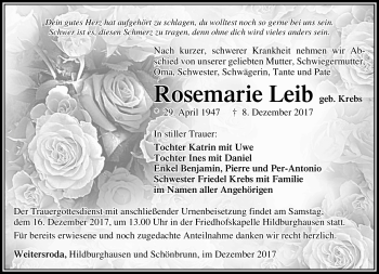 Traueranzeige von Rosemarie Leib von Südthüringer Presse
