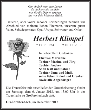 Traueranzeige von Herbert Klimpel von Südthüringer Presse