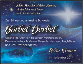 Traueranzeige von Bärbel Horbel von Südthüringer Presse
