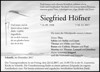 Traueranzeige von Siegfried Höfner von Neue Presse Coburg