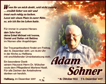 Traueranzeige von Adam Söhner von Südthüringer Presse