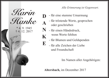 Traueranzeige von Karin Hanke von Südthüringer Presse