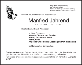 Traueranzeige von Manfred Jahrend von Frankenpost