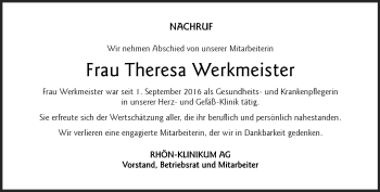 Traueranzeige von Theresa Werkmeister von Südthüringer Presse