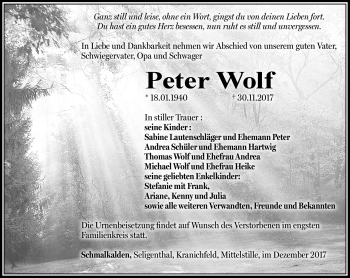 Traueranzeige von Peter Wolf von Südthüringer Presse