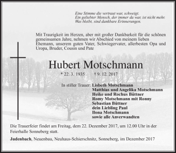 Traueranzeige von Hubert Motschmann von Südthüringer Presse