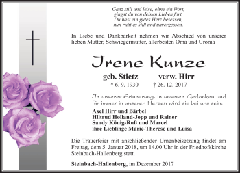 Traueranzeige von Irene Kunze von Südthüringer Presse