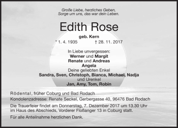 Traueranzeige von Edith Rose von Neue Presse Coburg