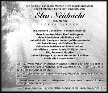 Traueranzeige von Elsa Neidnicht von Südthüringer Presse