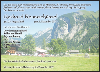 Traueranzeige von Gerhard Reumschüssel von Südthüringer Presse
