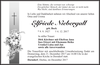 Traueranzeige von Elfriede Niebergall von Südthüringer Presse