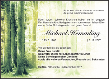 Traueranzeige von Michael Hemmling von Südthüringer Presse