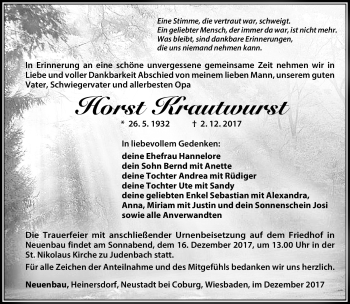 Traueranzeige von Horst Krautwurst von Südthüringer Presse