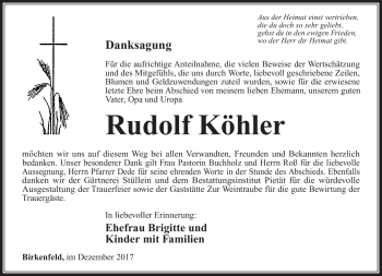 Traueranzeige von Rudolf Köhler von Südthüringer Presse