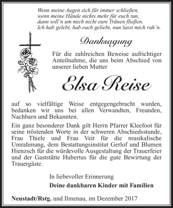 Traueranzeige von Elsa Reise von Südthüringer Presse