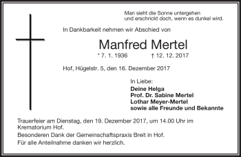 Traueranzeige von Manfred Mertel von Frankenpost