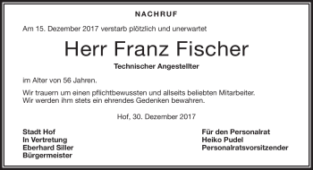 Traueranzeige von Franz Fischer von Frankenpost
