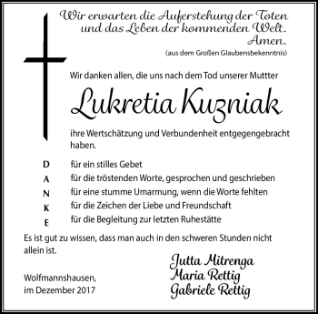 Traueranzeige von Lukretia Kuzniak von Südthüringer Presse