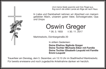 Traueranzeige von Oswin Greger von Frankenpost