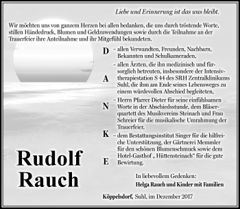 Traueranzeige von Rudolf Rauch von Südthüringer Presse