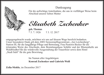 Traueranzeige von Elisabeth Zschenker von Südthüringer Presse