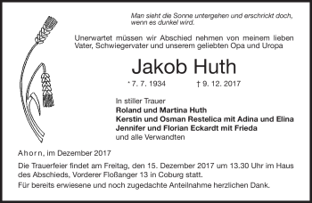 Traueranzeige von Jakob Huth von Neue Presse Coburg
