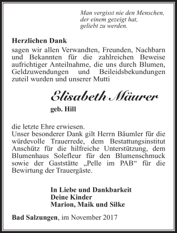 Traueranzeige von Elisabeth Mäurer von Südthüringer Presse