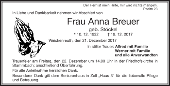 Traueranzeige von Anna Breuer von Frankenpost