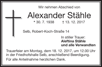 Traueranzeige von Alexander Stähle von Frankenpost