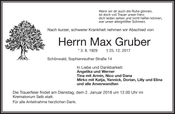 Traueranzeige von Max Gruber von Frankenpost