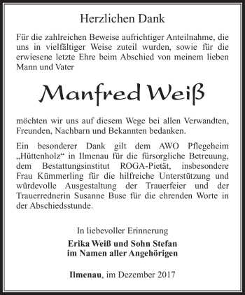 Traueranzeige von Manfred Weiß von Südthüringer Presse
