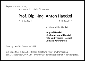 Traueranzeige von Prof. Dipl.-Ing. Anton Haeckel von Neue Presse Coburg