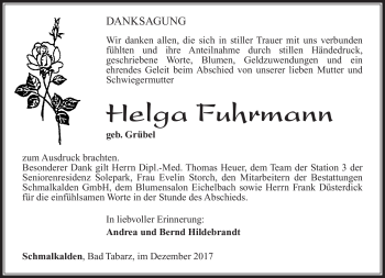 Traueranzeige von Helga Fuhrmann von Südthüringer Presse