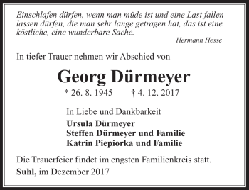 Traueranzeige von Georg Dürmeyer von Südthüringer Presse