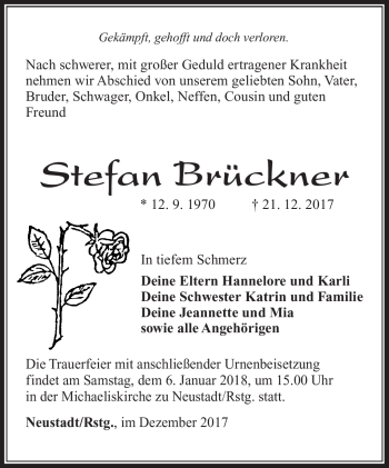 Traueranzeige von Stefan Brückner von Südthüringer Presse