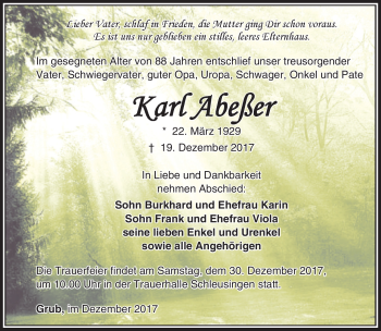 Traueranzeige von Karl Abeßer von Südthüringer Presse